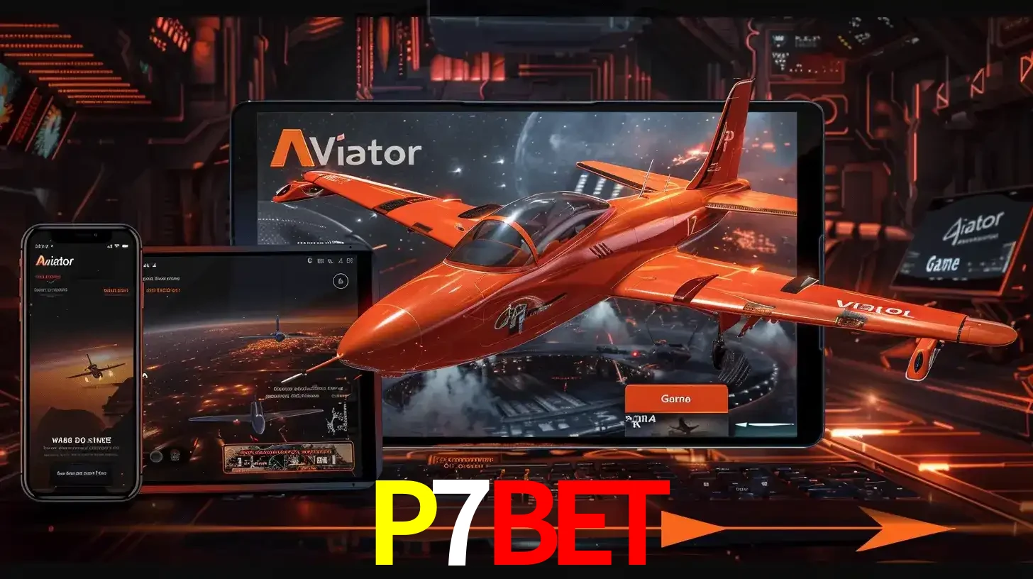 Apresentação tecnológica do jogo Aviator com um avião saindo da tela de um tablet, demonstrando a experiência imersiva em múltiplos dispositivos no P7BET.