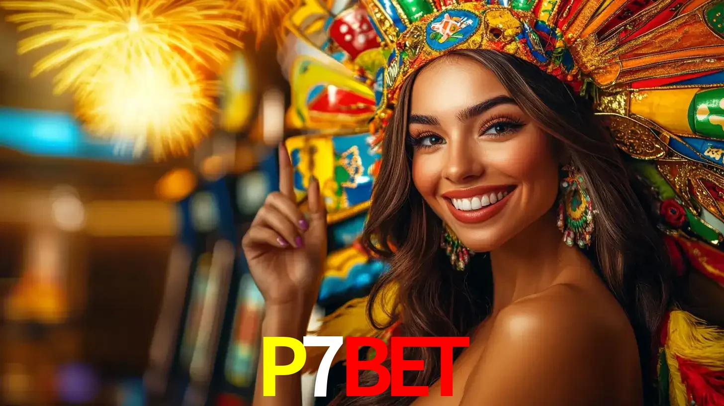Mulher sorridente com um cocar de carnaval vibrante e colorido, celebrando uma grande vitória nos jogos do cassino P7BET com fogos de artifício ao fundo.