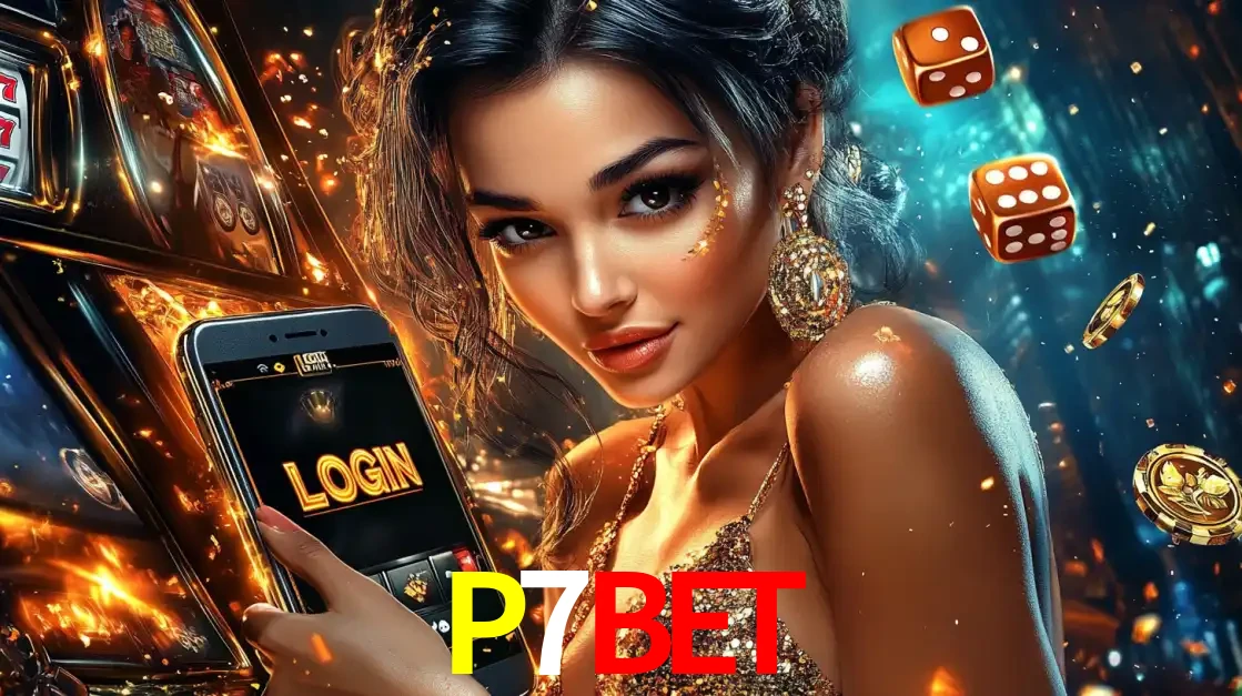 Mulher glamourosa segurando um celular com a tela de login do cassino P7BET, rodeada por dados e moedas douradas, pronta para começar a diversão.