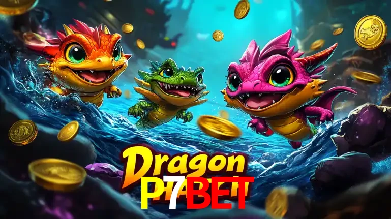 Arte promocional do jogo Dragon Hatch com três adoráveis dragões bebês nadando entre moedas de ouro, um dos slots mais divertidos para jogar no cassino P7BET.