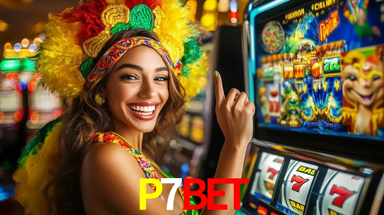 Mulher animada com um cocar de carnaval apontando para uma máquina de caça-níqueis, mostrando a emoção de ganhar um grande prêmio nos jogos do P7BET.