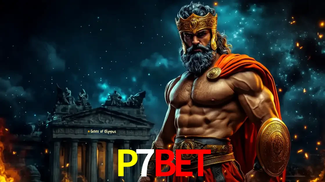 O poderoso Zeus do jogo de slot Gates of Olympus em frente ao seu templo, pronto para lançar multiplicadores divinos e prêmios épicos no cassino online P7BET.