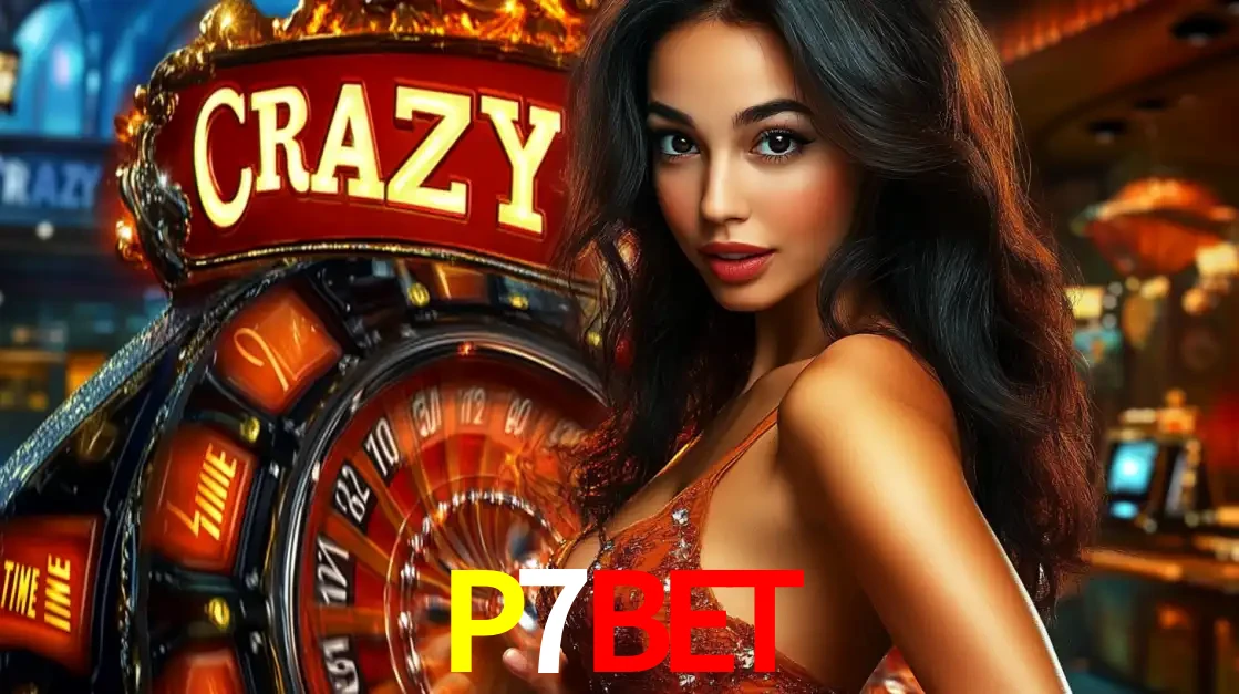 Mulher glamourosa olhando para a câmera com a roda vermelha do Crazy Time ao fundo em um ambiente de cassino, destacando a emoção dos jogos ao vivo no P7BET.
