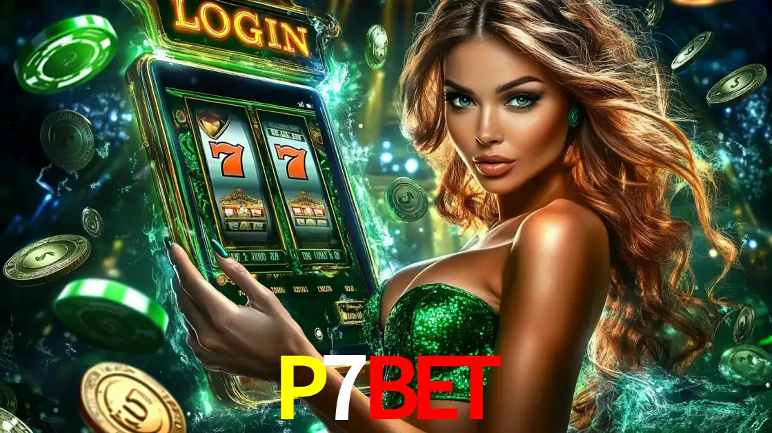 Mulher com tema verde apresentando o aplicativo do cassino P7BET com um jogo de slot de 777, cercada por fichas de cassino e uma aura de sorte.