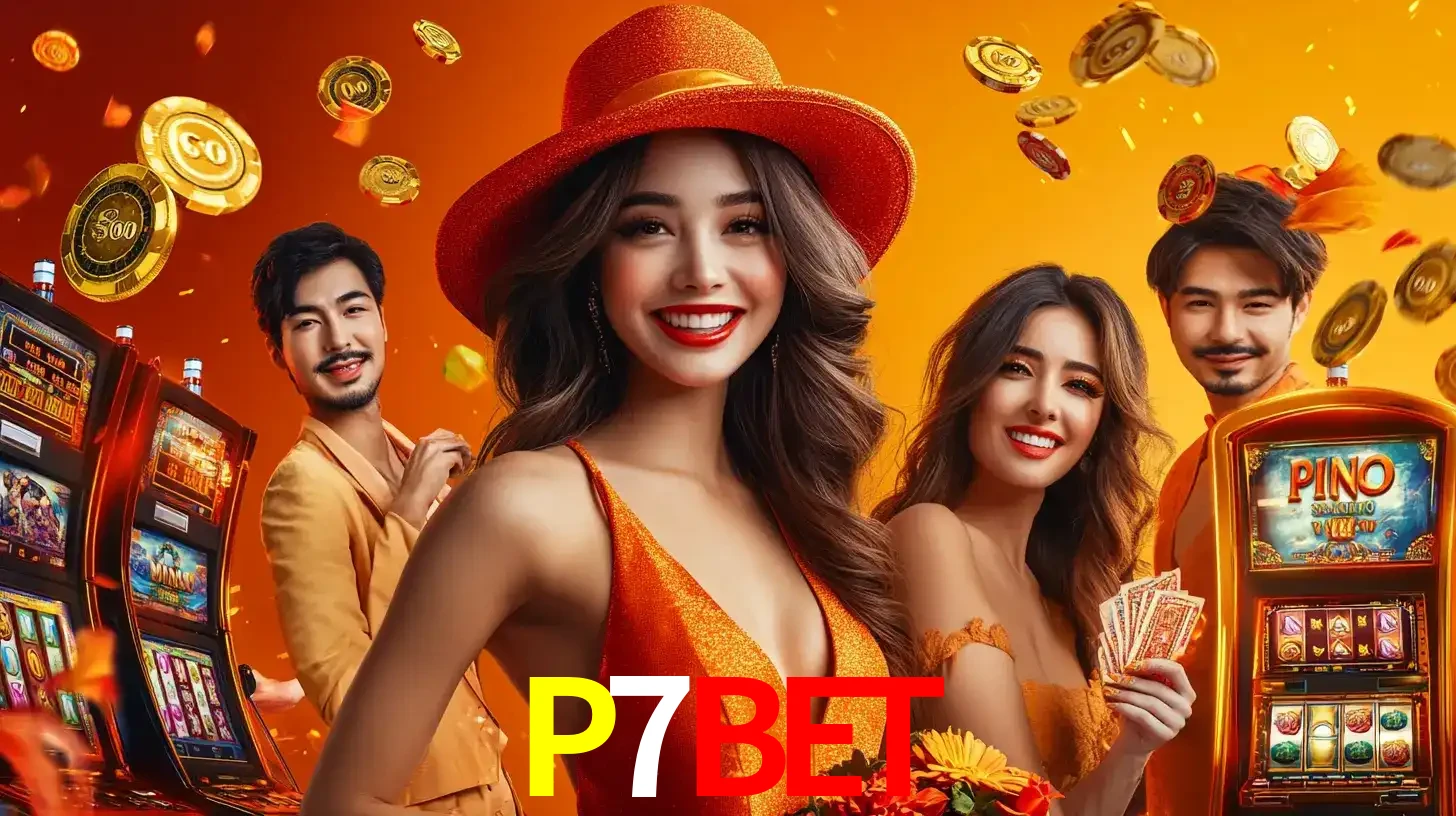Grupo de amigos asiáticos sorrindo e se divertindo com máquinas de caça-níqueis em um ambiente festivo, celebrando suas vitórias nos jogos de cassino do P7BET.