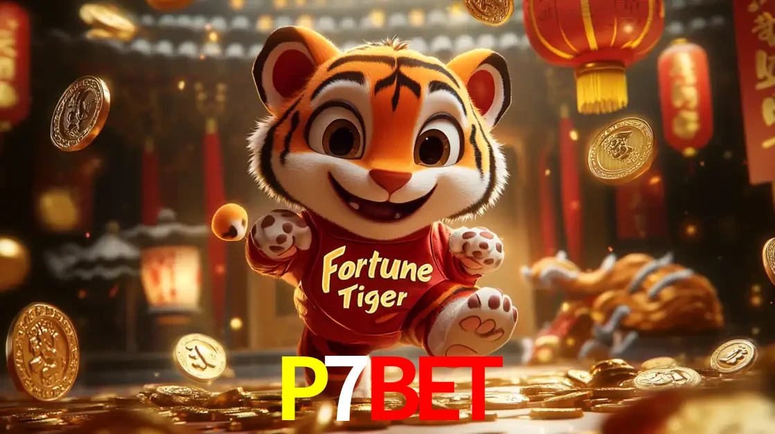 O alegre personagem do Fortune Tiger correndo sobre um caminho de moedas de ouro, simbolizando os grandes prêmios e a diversão do popular jogo de slot do P7BET.