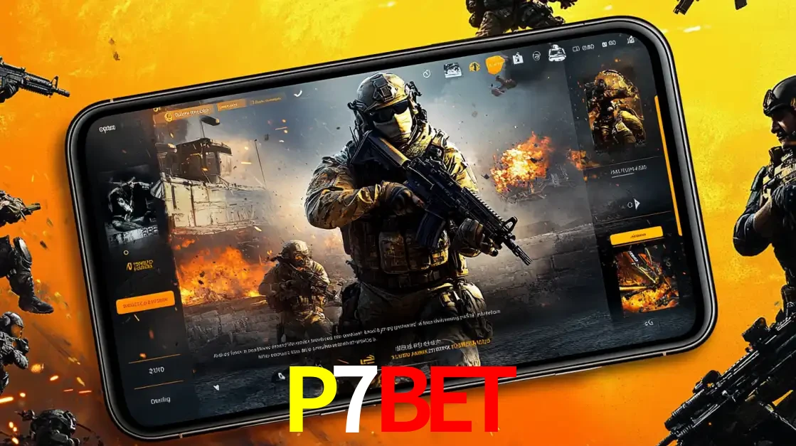 Um smartphone exibindo a interface de um jogo de tiro em primeira pessoa, com um soldado em um cenário de batalha, representando a ação dos e-sports para apostar no P7BET.