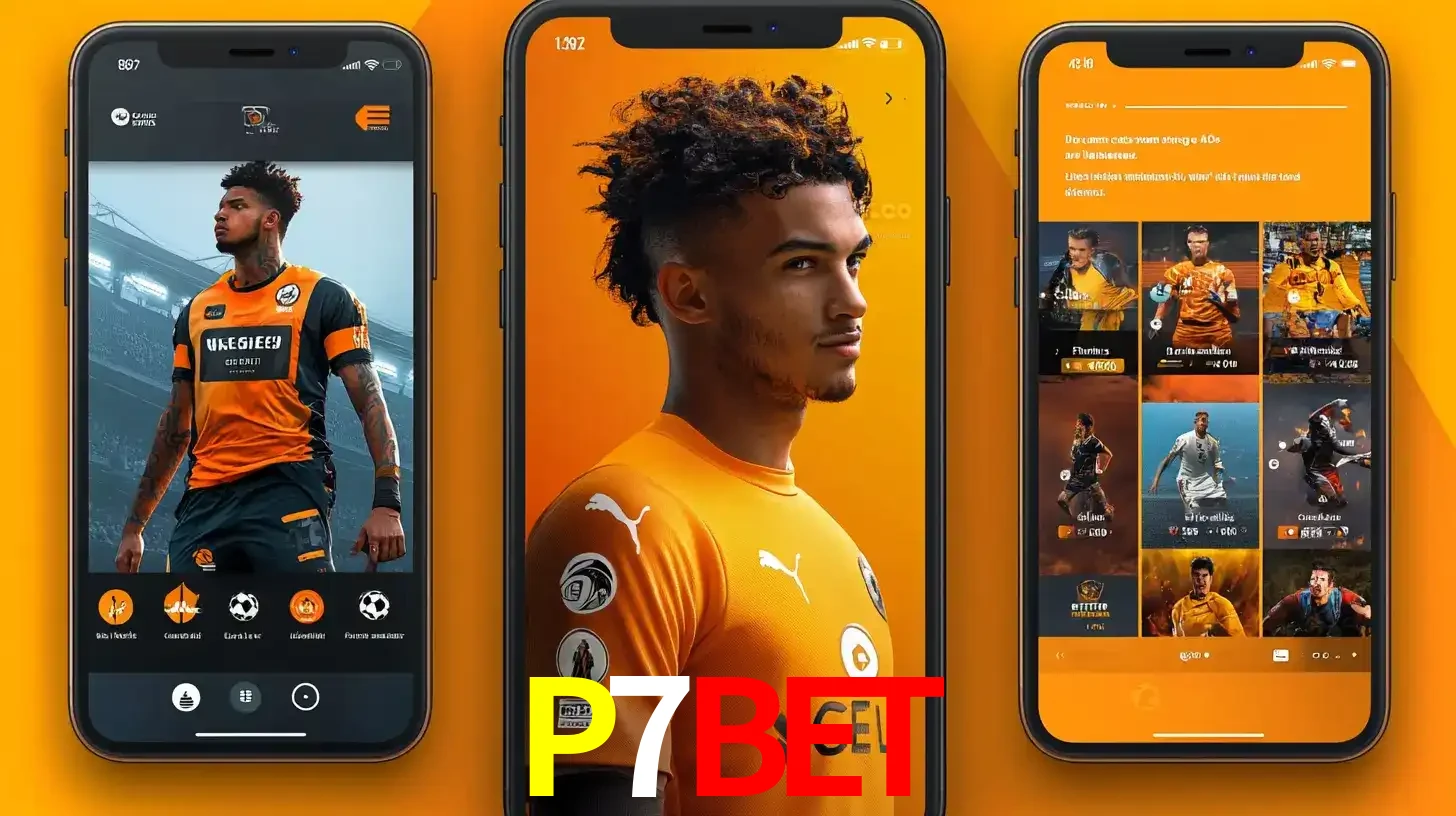 Interface do aplicativo de apostas esportivas P7BET em três telas de celular, mostrando o perfil de um jogador de futebol e a lista de jogos disponíveis para apostar.