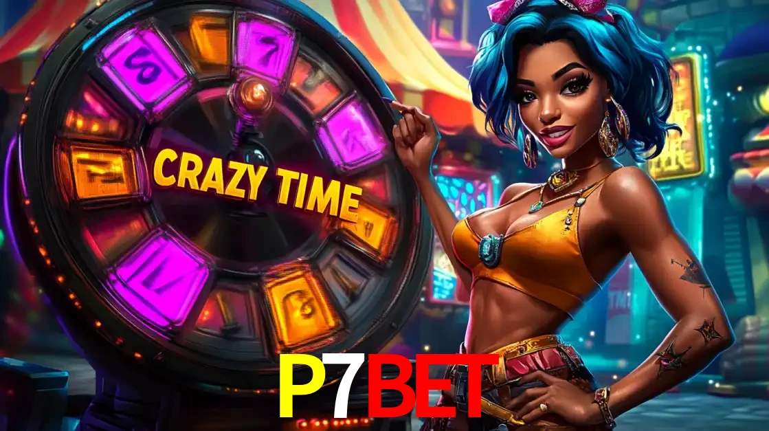 Mulher estilizada com cabelo azul e visual vibrante posando ao lado da roda de prêmios do game show Crazy Time, convidando para a diversão e os bônus do cassino P7BET.