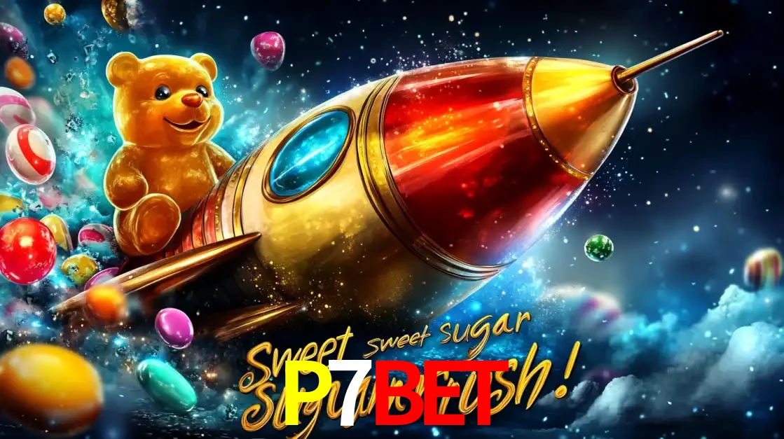 Arte promocional do jogo de slot Sugar Rush, com um urso de pelúcia em um foguete viajando pelo espaço de doces, um dos jogos divertidos disponíveis no cassino P7BET.