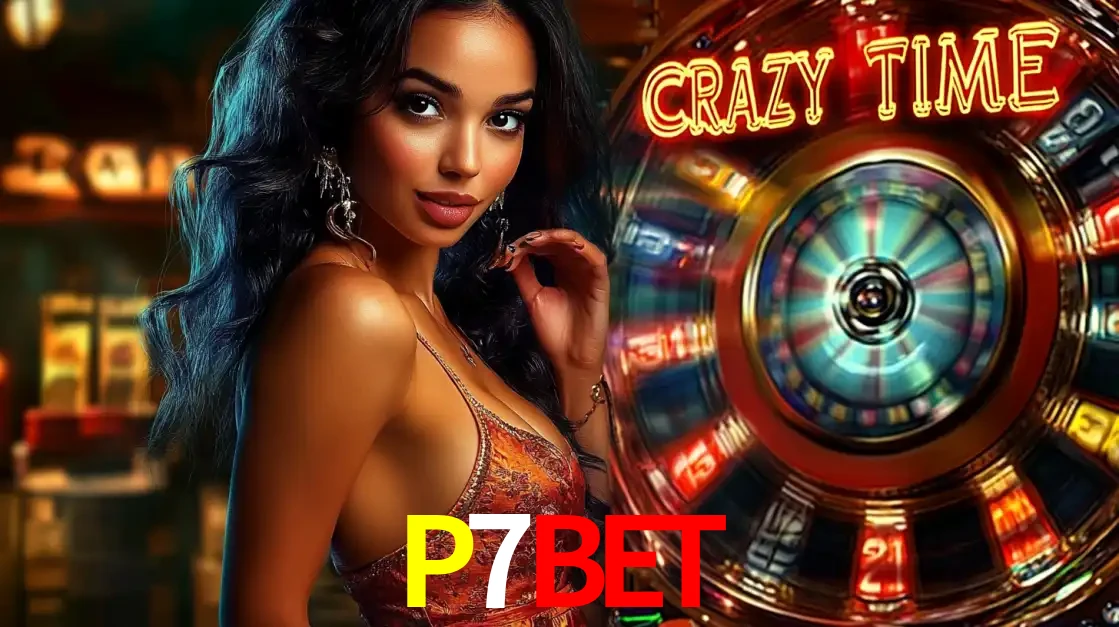 Mulher elegante ao lado da vibrante roda da fortuna do jogo de cassino ao vivo Crazy Time, um dos game shows mais populares e cheios de prêmios do P7BET.