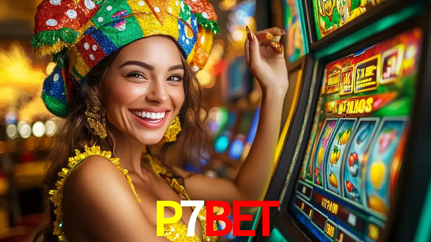 Mulher feliz com traje de carnaval amarelo e colorido ao lado de uma máquina de caça-níqueis, aproveitando a diversão e os jogos temáticos do cassino P7BET.