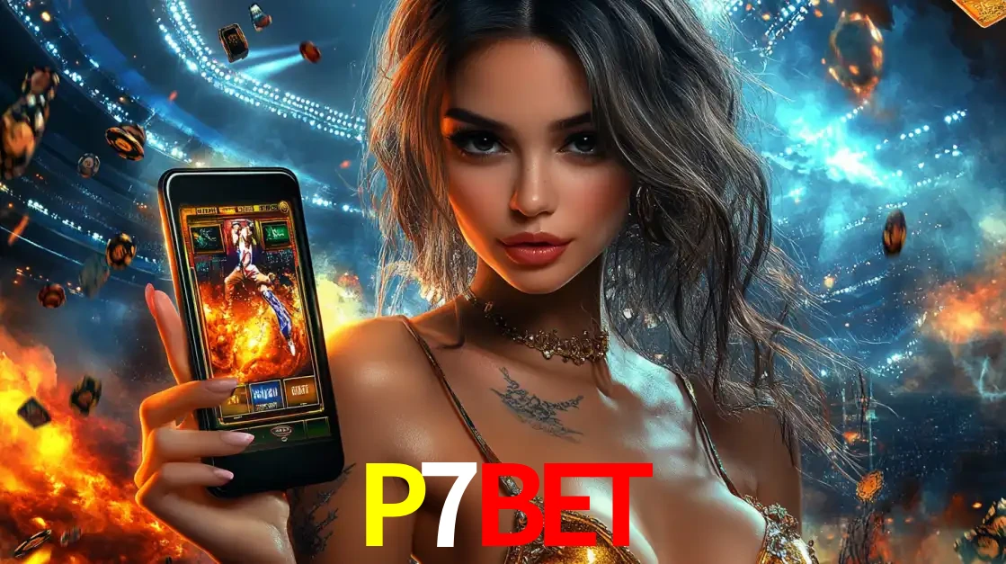 Mulher segurando um celular com um jogo de slot em destaque, tendo como fundo um estádio vibrante, simbolizando a emoção de jogar no cassino móvel P7BET.