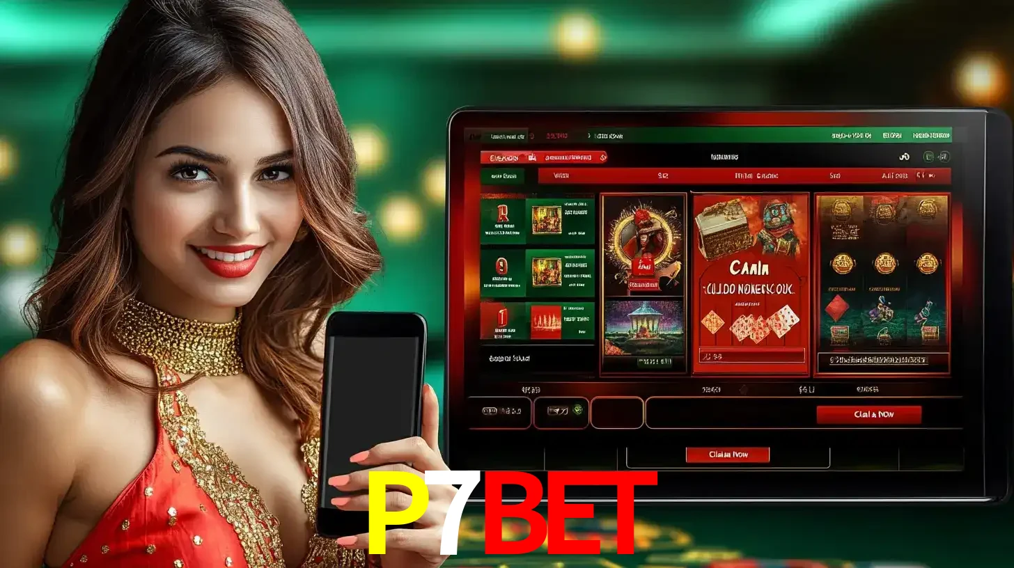 Mulher sorridente segurando um smartphone, ao lado de uma tela exibindo o lobby de jogos do cassino online P7BET, com várias opções de jogos de cartas e slots.
